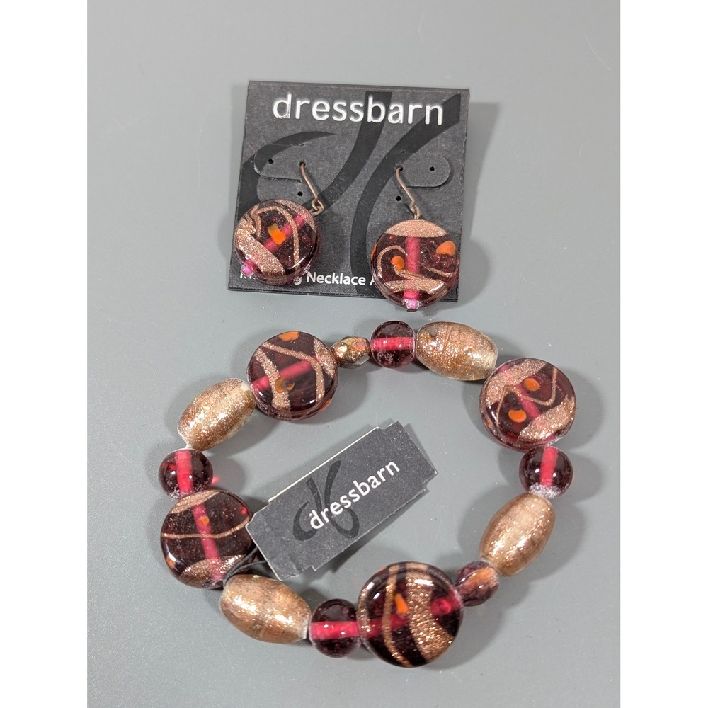 New Red Dichroic Glass Bracelet Earrings Set Gold‎ Tone Beaded 7"
